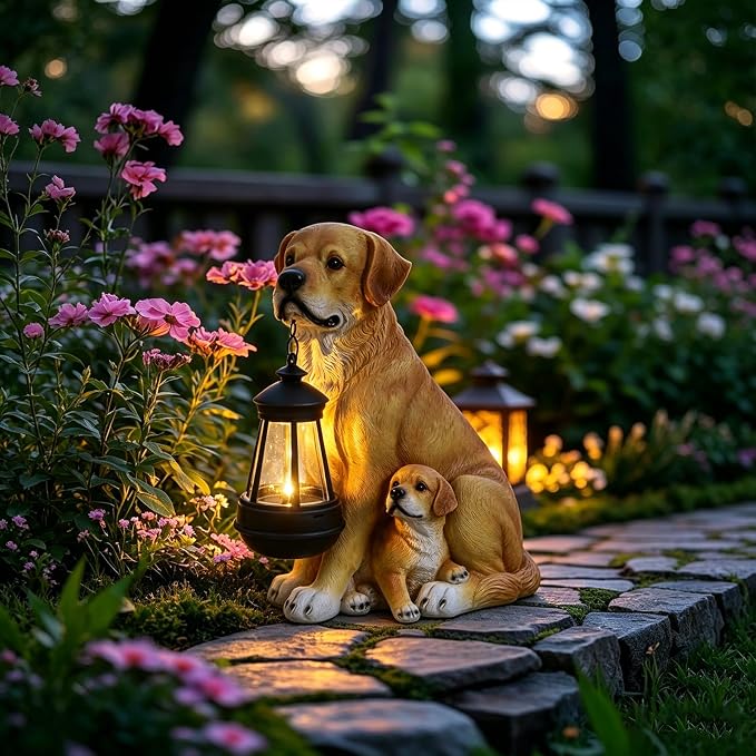 Afirst Solar Dog Statue Garden Decor- Outdoor Decor with Solar Lantern Lovely Labrador Mom with Baby Figurine Patio Lawn Yard Art Ornaments Housewarming Gift
