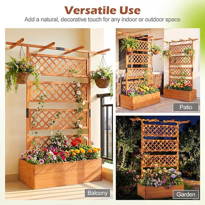 Giantex Raised Garden Bed with Trellis 2 Pack, 72'' Wooden Planter Box Outdoor w/Privacy Screen Roof, Large Vertical Garden Planter w/Drainage Holes for Climbing Plants, Patio Balcony Backyard