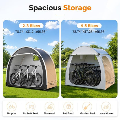 VINGLI Bike Storage Shed Tent for 4-5 Bikes, Outdoor Portable Bicycle Storage Shed with Carry Bag, Waterproof Bike Tent for Motorcycle, Garden Tools, Lawn Mower, Light Gray