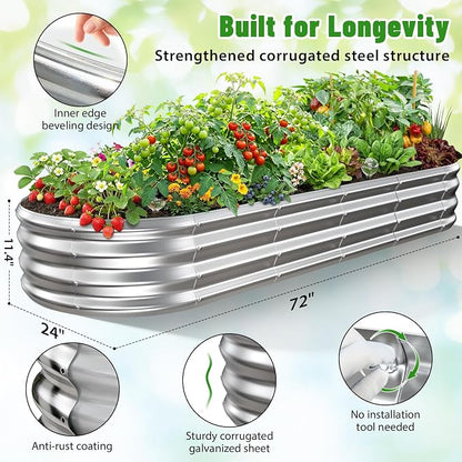 Oval Raised Garden Bed, 5 x 2 x 1FT, Galvanized Steel Planter Box with Wave-Shaped Metal Panels for Outdoor Flower,Tree,Herb & Vegetable Garden (Silver, 72X24X12 inches)