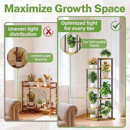 iDavosic.ly Tall Plant Stand Indoor for Large & Heavy Duty Planters, 6 Tier Corner Flower Shelf with Wooden Trays & Metal Frame, 49 Inch Orchid Rack for Living Room Balcony Porch, Black & Brown