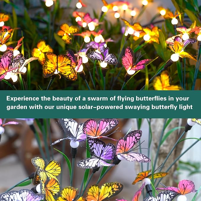 TONULAX Solar Garden Lights - 2 Pack Swaying Butterfly Light, Swaying in The Wind, Solar Outdoor Lights, Yard Patio Pathway Decoration, High Flexibility Iron Wire & Realistic Butterflies