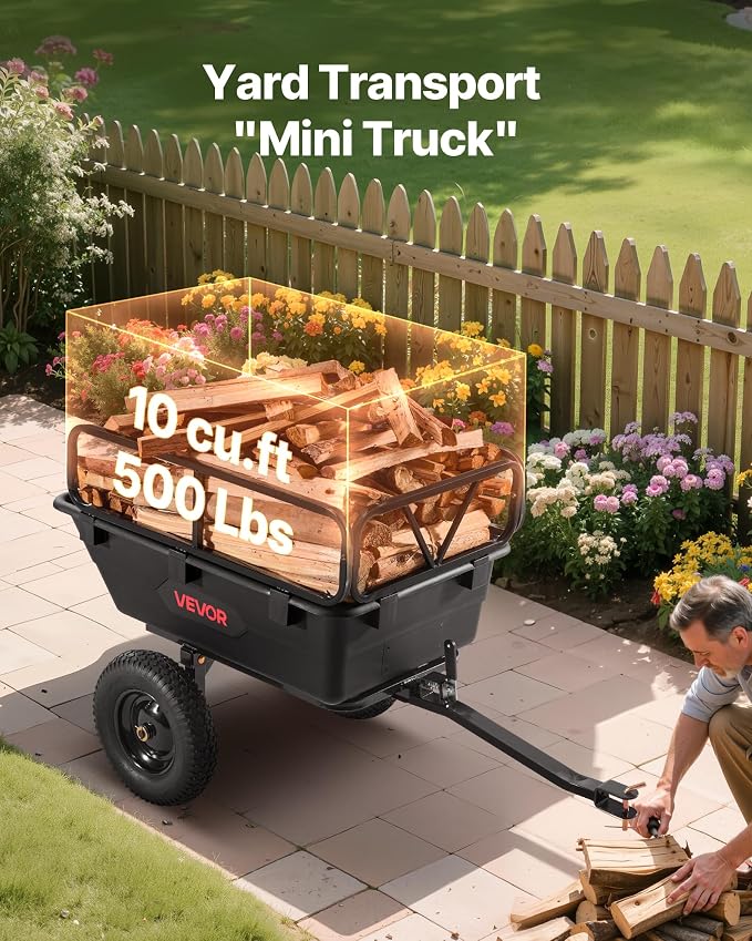 VEVOR 500Lbs 10 Cu.Ft. ATV UTV Trailer Tow Behind Dump Cart, Heavy Duty Pull Behind Utility Dump Trailer for Lawn Mower Trailer Tractor Garden Yard with 16in Tires