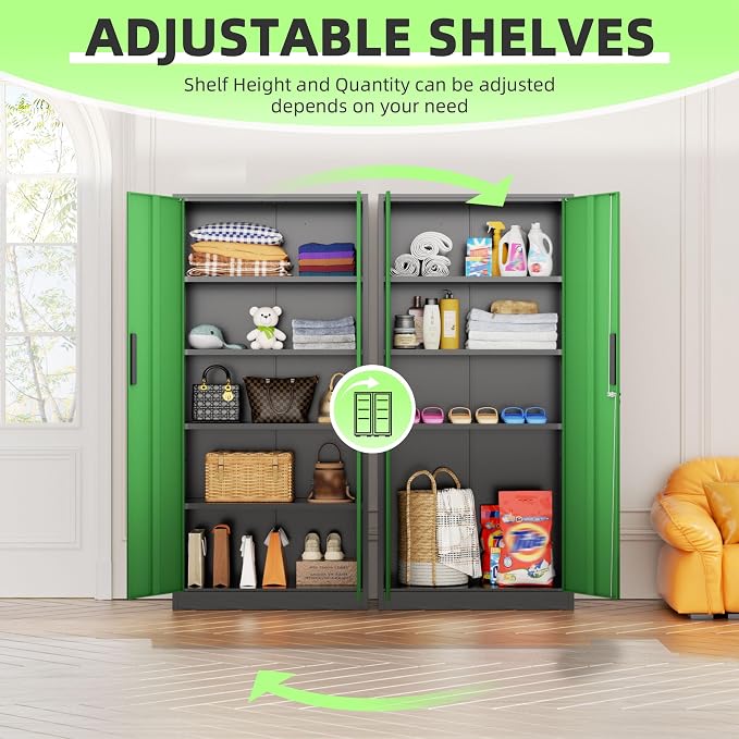 INTERGREAT Metal Storage Cabinet, 72" Locking Steel Cabinets with 2 Door and 4 Adjustable Shelves, Tall Metal Cabinet for Home Office, Garage, Warehouse,(Black+Green)
