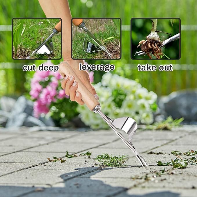 Crack Weeder Tool, Weed Puller Tool with 2 Heads&Scraping Hook, Paver Weeding Moss Remover Brush with Steel Handle for Cleaning Paving Joint Sidewalk Patio Stone Driveway Deck Black