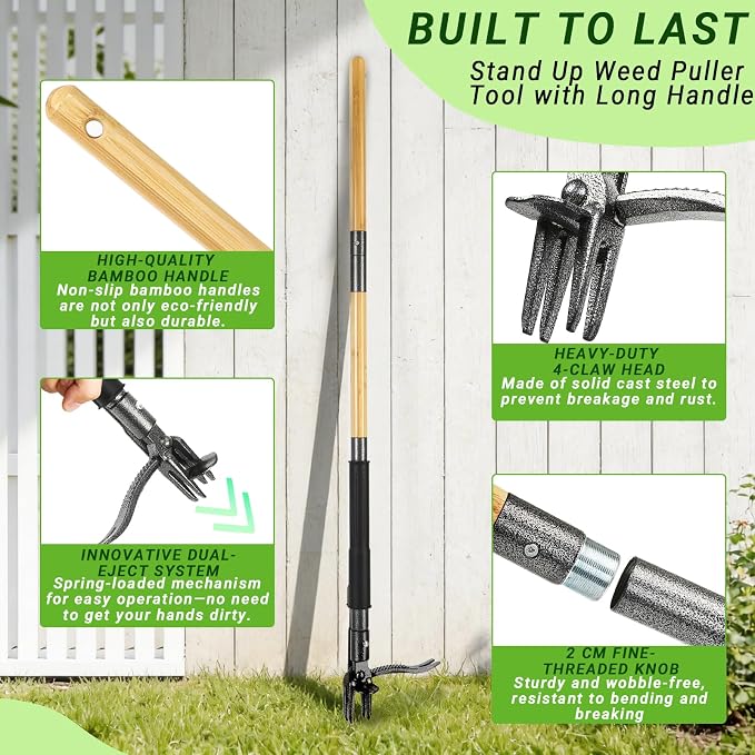 43.5" Weed Puller Tool for Lawn Yard, Dual-Eject Mechanism with Bag | 4-Claw Steel Head,Adjustable 43.5" Bamboo Long Handle,Supports a weight of 265 lbs,Includes 16 Gallon Leaf Bag
