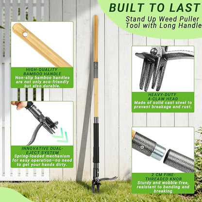 43.5" Weed Puller Tool for Lawn Yard, Dual-Eject Mechanism with Bag | 4-Claw Steel Head,Adjustable 43.5" Bamboo Long Handle,Supports a weight of 265 lbs,Includes 16 Gallon Leaf Bag