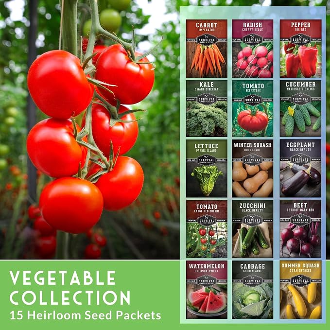 Vegetable Garden Seed Vault for Planting – 15 Pack Collection | Heirloom Non-GMO Family Garden Kit – Tomato, Lettuce, Cucumber, Squash – Indoor or Outdoor Growing – Survival Garden Seeds