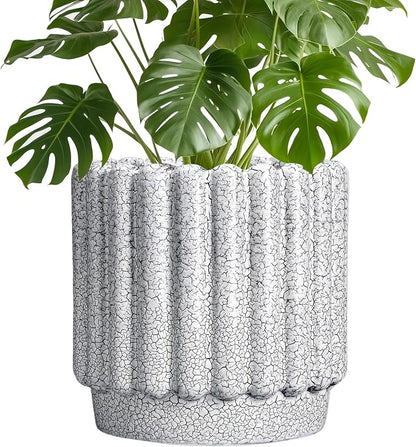 Ceramicfor Ceramic Flower Pot, 9.6 Inch, Black and White | Indoor Planter, Drainage Hole, Fluted Round Design, Large Planter Outdoor, Living Room Decor