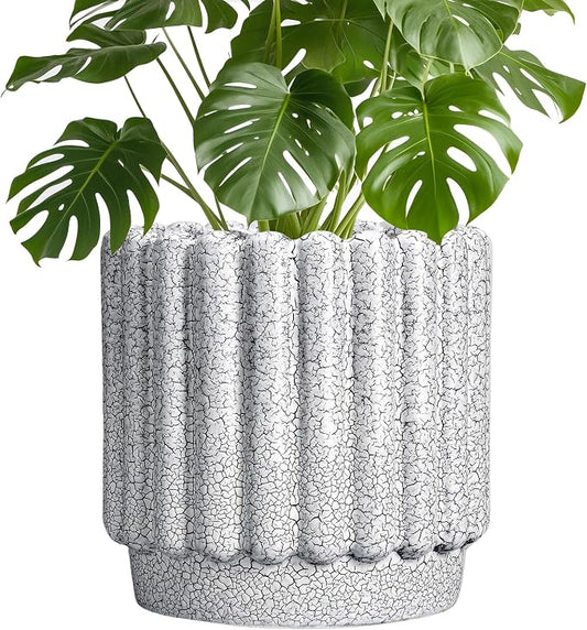 Ceramicfor Ceramic Flower Pot, 9.6 Inch, Black and White | Indoor Planter, Drainage Hole, Fluted Round Design, Large Planter Outdoor, Living Room Decor