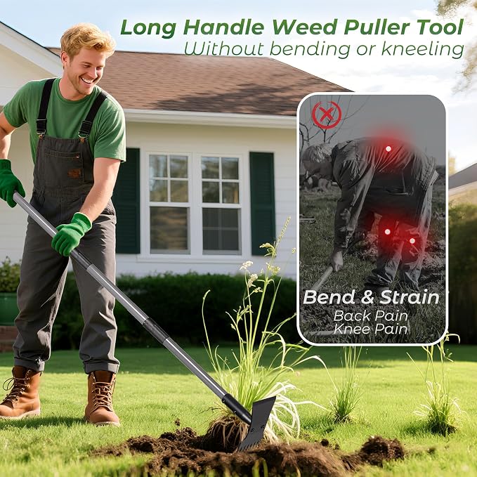 Walensee 2-in-1 Weed Puller Tool and Garden Hoe, Long Handle Weed Rake | Durable 3.5mm steel head, 64-inch adjustable handle. Ergonomic design relieves back strain while removing deep-rooted weeds.