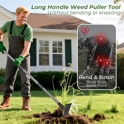 Walensee 2-in-1 Weed Puller Tool and Garden Hoe, Long Handle Weed Rake | Durable 3.5mm steel head, 64-inch adjustable handle. Ergonomic design relieves back strain while removing deep-rooted weeds.