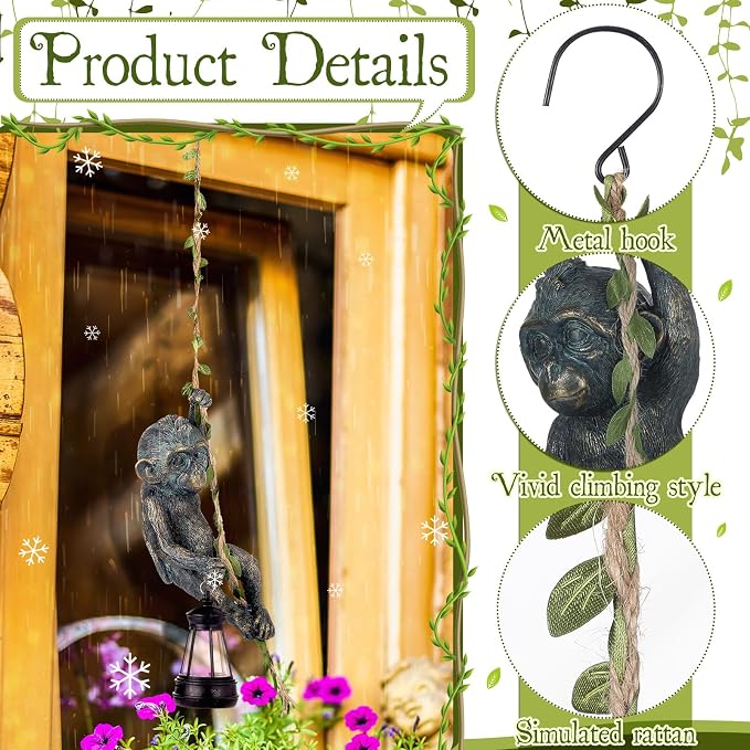 Rossesay Solar Light Outdoor Monkey Statues Bronze 7.48 Inch Resin Chimpanzee Baby Monkey Climbing on Vine with LED Lantern Waterproof Hanging Figurine with Hook for Yard Garden Wall