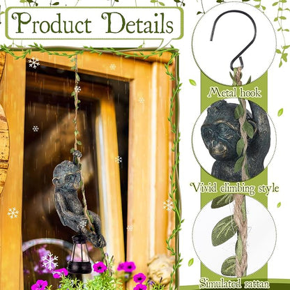 Rossesay Solar Light Outdoor Monkey Statues Bronze 7.48 Inch Resin Chimpanzee Baby Monkey Climbing on Vine with LED Lantern Waterproof Hanging Figurine with Hook for Yard Garden Wall