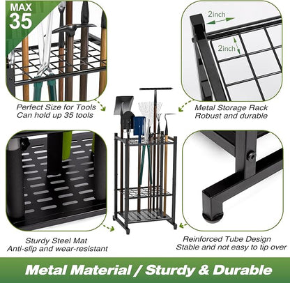 Tool Organizer for Garden, Garage Tool Organizer & Garage Organization – Heavy Duty Steel Garden Tool Organizer Stand Holds 35 Tools/Rakes/Brooms, Tool Storage Rack for Shed/Outdoor, Garage Organizer