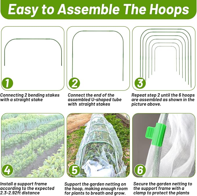 Cludoo 67pcs Garden Mesh Netting Kit,6 Sets Wide Garden Hoops with 10x20 ft Garden Covers Bird Netting& 12 Clips, Garden Protection for Raised Beds Greenhouse Vegetable Plants Flowers Animals