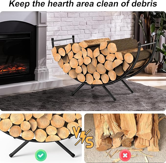 NANANARDOSO Curved Firewood Rack，24 inches Powder-coated Metal Fireplace Log Holder for Firewood Storage，Ideal for Indoor and Outdoor Fireplaces Wood Storage，Black