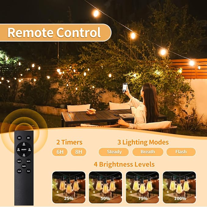 SANBEN Outdoor String Lights-50ft 25+1 ST38 Bulbs Patio Lights with Remote | Dimmable & Timer, IP65 Waterproof & Shatterproof, 24V Low-Voltage LED Lights for Outside Deck Garden Backyard Porch Party