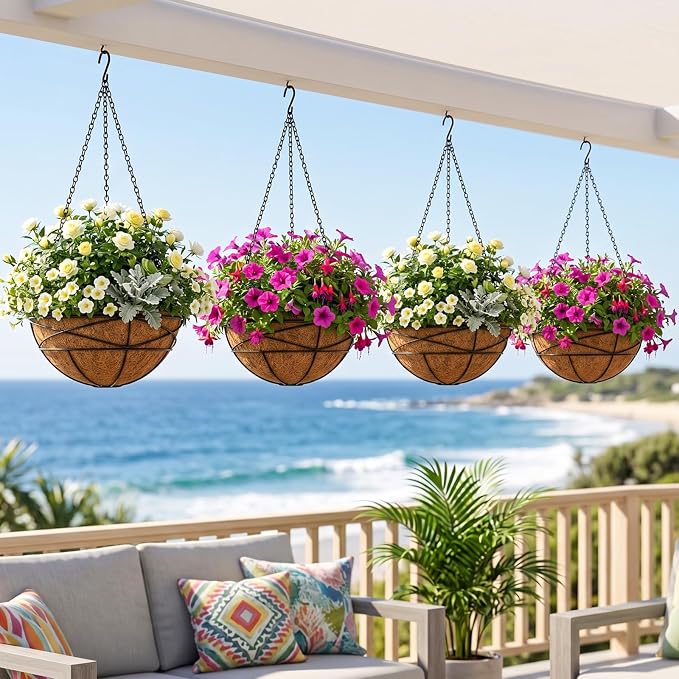 4 Pack 10 Inch Hanging Planters Metal Wire Flower Baskets with Natural Coconut Liners for Outdoor Plants Round Plant Holder Planter for Garden Decor