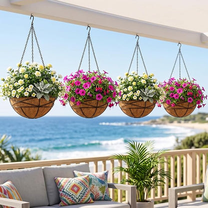 4 Pack 10 Inch Hanging Planters Metal Wire Flower Baskets with Natural Coconut Liners for Outdoor Plants Round Plant Holder Planter for Garden Decor