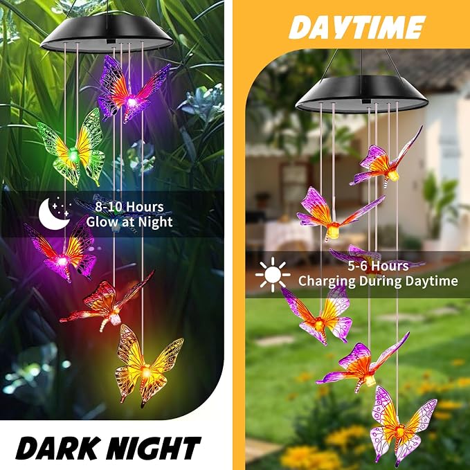 Butterfly Solar Wind Chimes, Butterfly Wind Chimes for Outside, | Color Changing Wind Chimes ,Best Gifts for Mom Grandma Women Wife Aunt Sister, Hanging Wind Chime for Home Garden Yard Decor