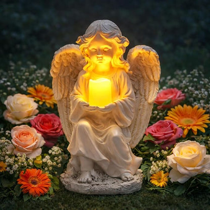 TIALLY Solar Angel Garden Statue with Glowing Candle – Large Angel Figurines with Soft Glow, Weatherproof Outdoor Statues for Memorial Decor, Yard, Lawn or Cemetery Use, Angels Gifts for Women