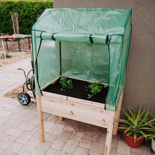 Backyard Expressions 36"x24" Elevated Garden Bed with Greenhouse Cover – Raised Wooden Planter Box with Legs, Mini Outdoor Greenhouse, 66" Tall
