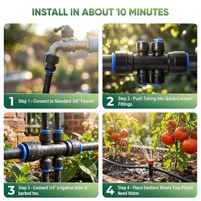 Drip Irrigation System Kit, 230FT Garden Watering System with 33FT 1/2" Main Line and 197FT 1/4" Drip Line, Adjustable Emitters and Quick-Connect Fittings for Raised Beds, Lawn, Greenhouse