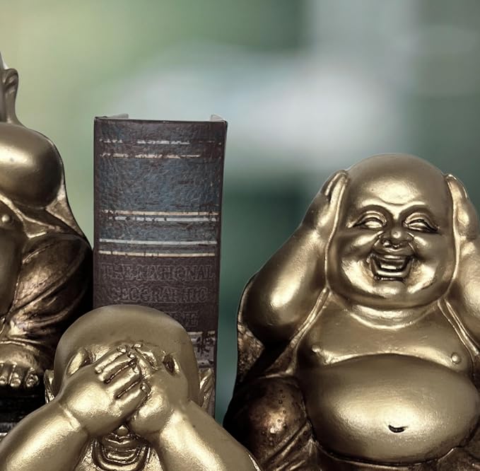Bellaa Laughing Buddha Set of 3, Hear-No, See-No, Speak-No Evil, Happy Hotei Feng Shui Statue for Money Wealth Zen Chinese Buddhist Monk Budai Luck Happiness Gold 26058