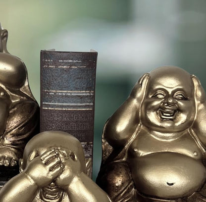 Bellaa Laughing Buddha Set of 3, Hear-No, See-No, Speak-No Evil, Happy Hotei Feng Shui Statue for Money Wealth Zen Chinese Buddhist Monk Budai Luck Happiness Gold 26058
