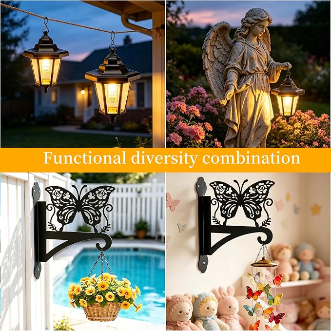 VOOKRY Solar Wall Lanterns Outdoor, Waterproof 2 Pack Hanging Lights with Butterfly Hooks, Wall Mount Sconce with 3 Solar Panels for Patio Porch Yard Garden Decor, Dusk to Dawn 2700K Warm White