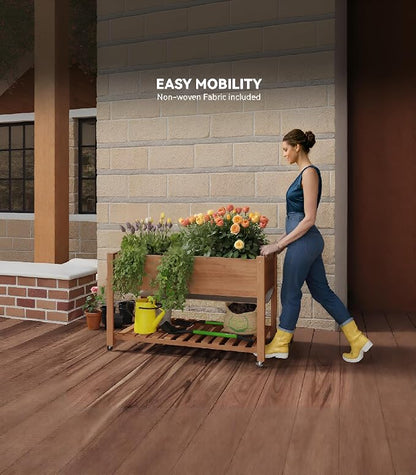 IDEALHOUSE Rolling Elevated Planter Box on Wheels, 48x24x30 Inch Mobile Raised Garden Bed with Locking Casters, Storage Shelf, Wooden Outdoor Planter for Vegetables Flowers Patio Backyard, Oak