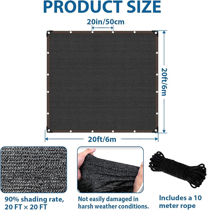 20 x 20 FT Shade Cloth - Garden Shade Mesh Netting with Grommets Outdoor Sun Shade Cover for Pergola Patio Plants Greenhouse Chicken Coop Black Shading Rate 90%