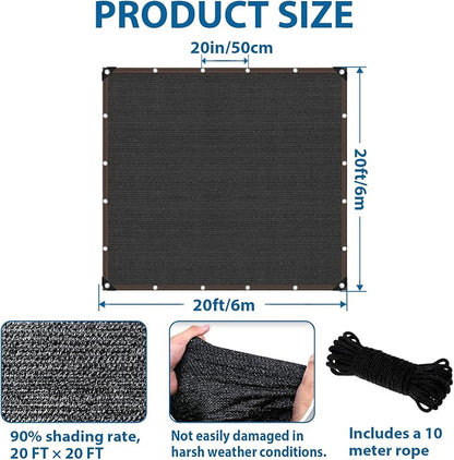 20 x 20 FT Shade Cloth - Garden Shade Mesh Netting with Grommets Outdoor Sun Shade Cover for Pergola Patio Plants Greenhouse Chicken Coop Black Shading Rate 90%