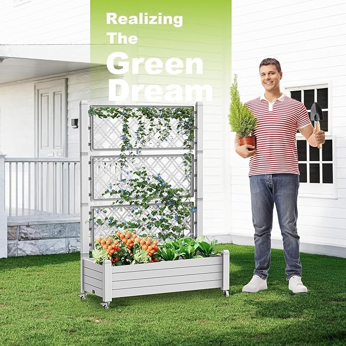 PatioZen Raised Garden Bed with Trellis, 21 Gallon Self Watering Planter Box with Lockable Wheels & Drainage Holes for Climbing Plants Vegetables Flowers, Anti-Rust Resin for Backyard Patio (Ashen)