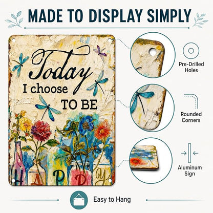 Dragonfly Metal Sign Today I Choose to Be Happy Aluminum Wall Decor Vintage Floral Dragonfly Garden Sign for Yard Patio Porch Outdoor Home Decor 8x12 Inch