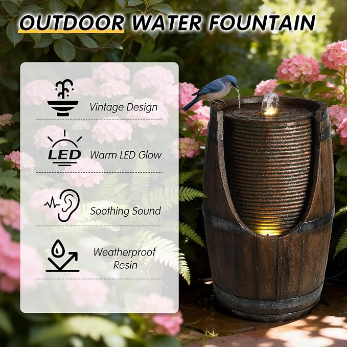 Outdoor Barrel Water Fountain with LED Lights, Rustic Wood Look Resin Waterfall Feature, Freestanding Garden Decor for Patio Yard Porch Deck Farmhouse Landscaping