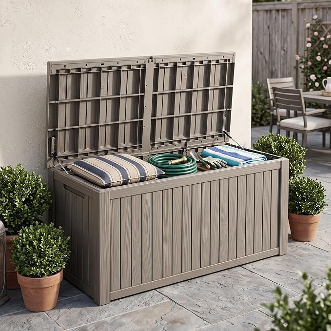 Outdoor Storage Box, 200 Gallon Waterproof Deck Box [Upgraded 3.1], Large Resin Storage with Hydraulic Lifts for King Cushions, Heavy Duty Lockable Bench Seat, Pool Deck, Grey