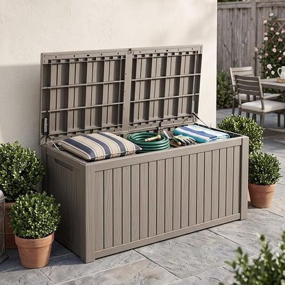 Outdoor Storage Box, 200 Gallon Waterproof Deck Box [Upgraded 3.1], Large Resin Storage with Hydraulic Lifts for King Cushions, Heavy Duty Lockable Bench Seat, Pool Deck, Grey