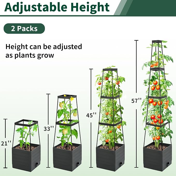 Tomato Planter with Trellis, 57 Inch Self-Watering Planter Box 2-Pack, Grey Planter with Metal Support for Outdoor Indoor Climbing Plants