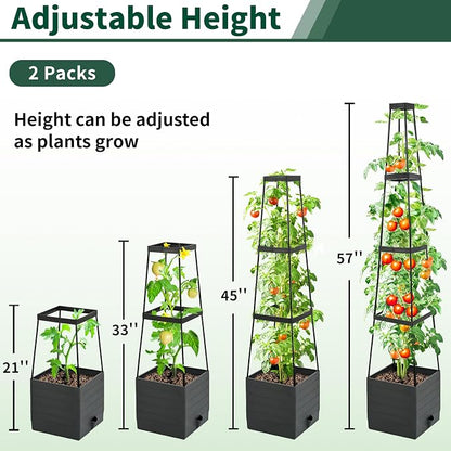 Tomato Planter with Trellis, 57 Inch Self-Watering Planter Box 2-Pack, Grey Planter with Metal Support for Outdoor Indoor Climbing Plants