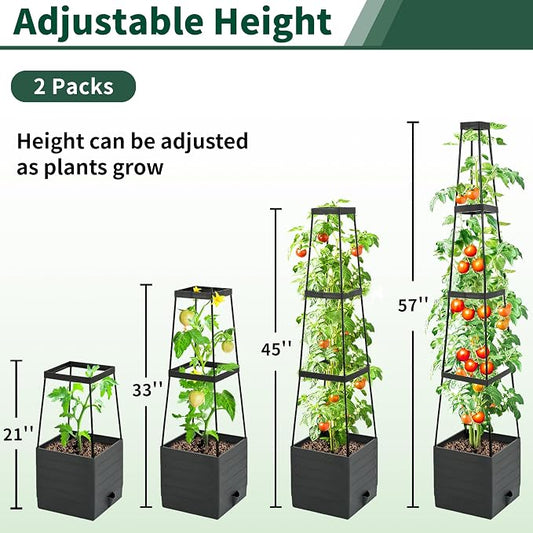 Tomato Planter with Trellis, 57 Inch Self-Watering Planter Box 2-Pack, Grey Planter with Metal Support for Outdoor Indoor Climbing Plants