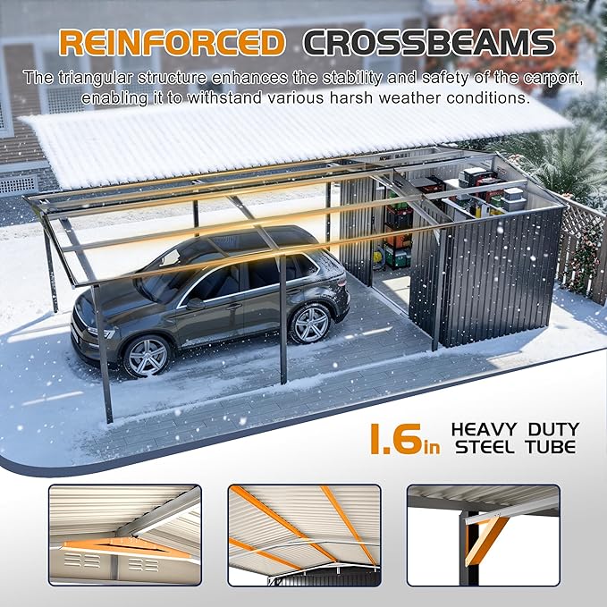 KEIKI 12x23 FT Heavy Duty Metal Carport with Storage Shed, Steel Garage Shelter with Sliding Door, Waterproof Sloped Roof, UV Protection Panels, Outdoor Car Canopy for Car, Boat, Tractor