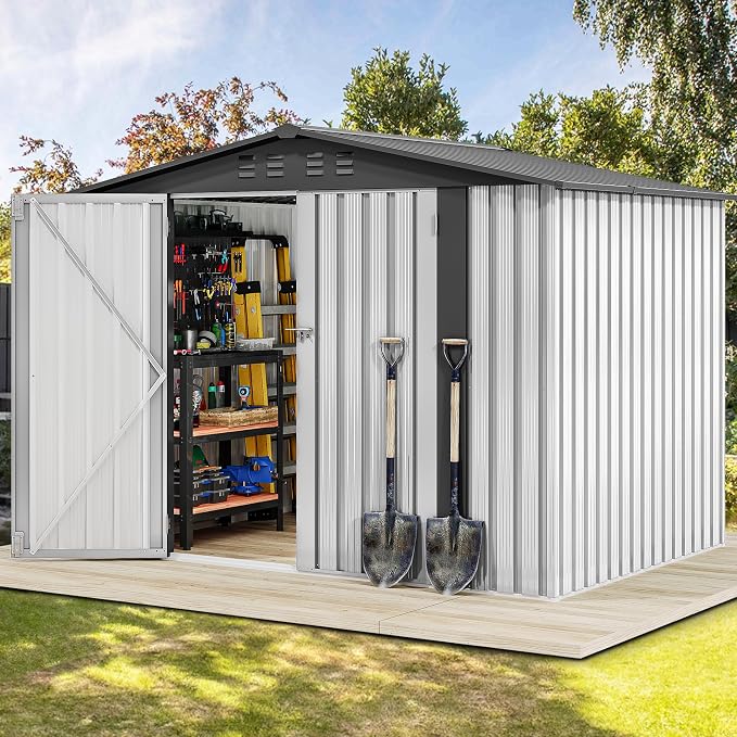 DWVO 7x5FT Outdoor Storage Shelter, Roomy Steel Tool Shed with Secure Entrances & Air Circulation for Patio, Lawn, and Backyard, Ideal for Storing Garden Gear, Lawn Tools, and Bikes, White