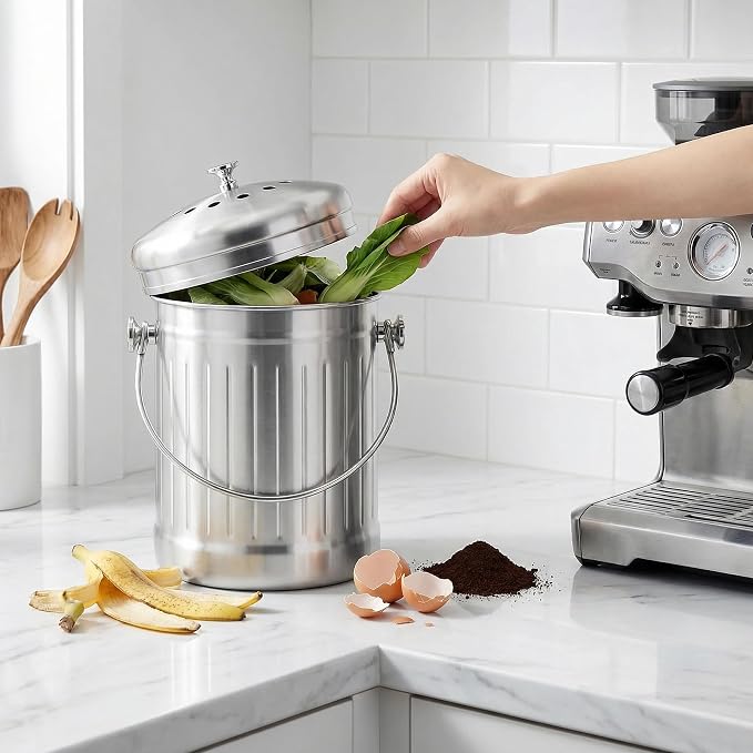 1.3 Gallons 5L Brushed Stainless Steel Kitchen Countertop Undersink Indoor Odorless Composting Compost Bin Countertop Composter with Charcoal Filter Inside Lid Brushed