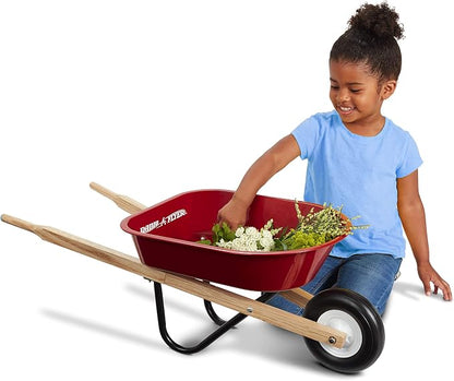 Radio Flyer Classic Kids Wheelbarrow, For Kids 3+, Seamless Steel Tray with No-Scratch Edges, Real Wooden Handles, Durable Front Wheel, Steel Undercarriage, 25 lb Capacity, Garden Toy for Children