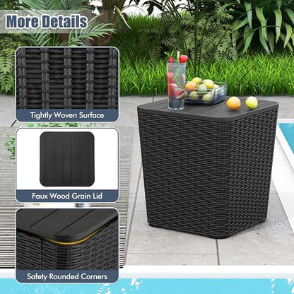 Tangkula 11.5 Gallon Water-proof Deck Box, Outdoor Patio Storage Box w/Removable Lid &, Faux Rattan Storage Container Side Table, All Weather Patio Furniture Extra Seat for Poolside (Black)