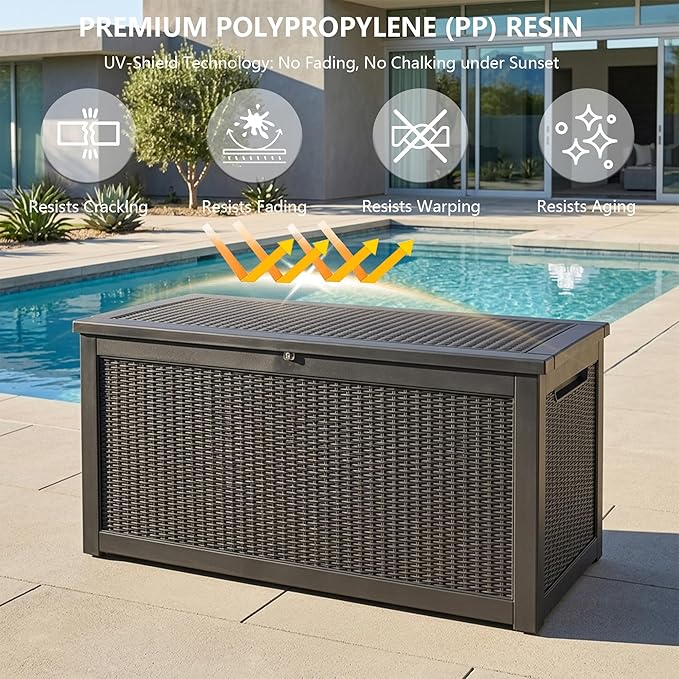 Outdoor Storage Box, 320 Gallon Waterproof Deck Box [Upgraded 3.0], Dual Gas-Spring Ultimate Resin Organizer for King Cushions, Heavy-Duty Lockable Estate Storage Bench, Backyard BBQ, Black