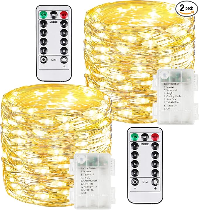 2 Pack 100 LED Fairy Lights Battery Operated with Remote, 8 Modes String Lights Indoor Outdoor, Cuttable Battery Light for Home Bedroom Wedding DIY Centerpiece Christmas Decorations (Warm White)