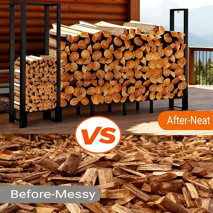 8ft Large Firewood Rack Outdoor, Heavy Duty Metal Wood Rack with Kindling Storage - For Indoor & Outdoor Fireplace, Wood Pile Organizer,Black